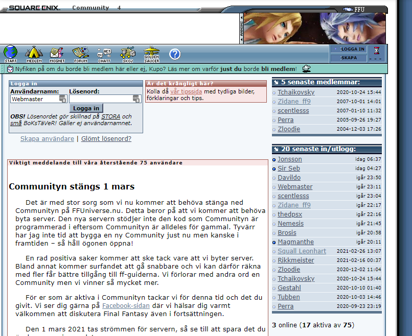 Archived FFUniverse community area with forum and account sections