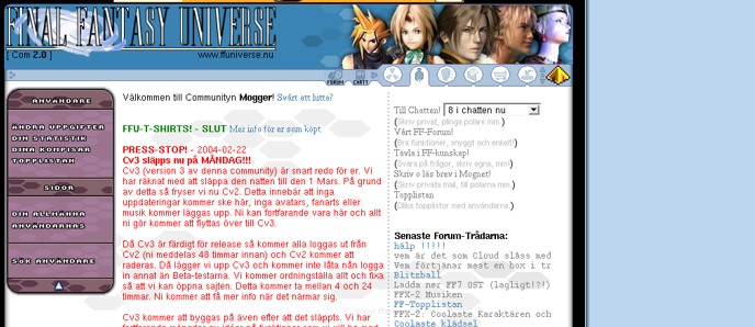 FFUniverse homepage showing a dark header and legacy content layout